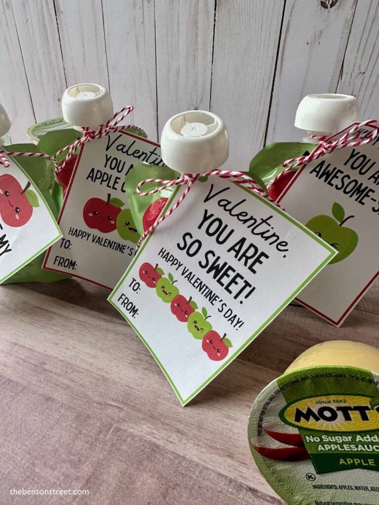 Non-candy applesauce pouches or cups free printable valentine cards