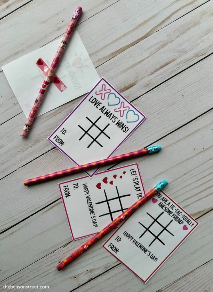 Non-candy valentine idea with tic tac toe and pencils