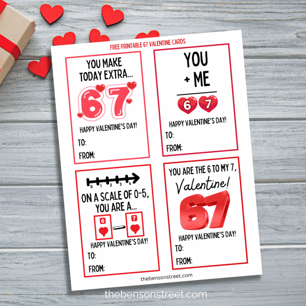 One printed out sheet of 67 Valentine Cards Free to Print