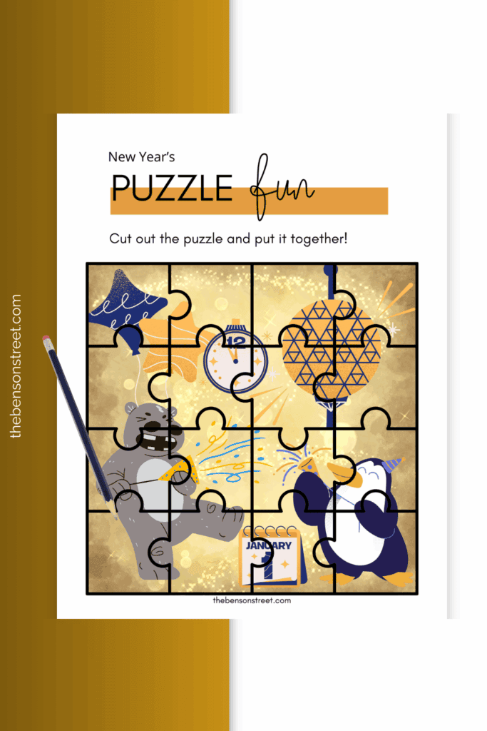 Printed out sheet with a new year themed puzzle 