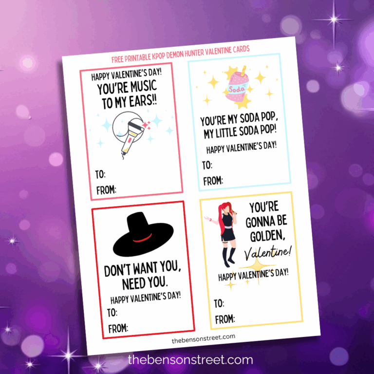 Sheet of free printable kpop demon hunter inspired valentine cards