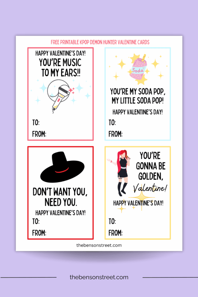 Sheet of printable valentine cards with kpop song lyrics