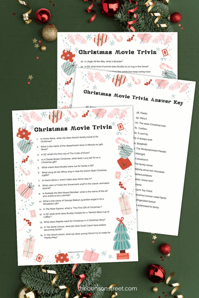 Sheets of trivia questions and answer key for Christmas time