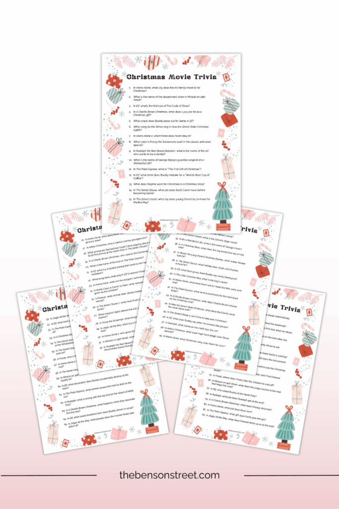 Sheets of trivia questions for Christmas for families and kids with a free printable