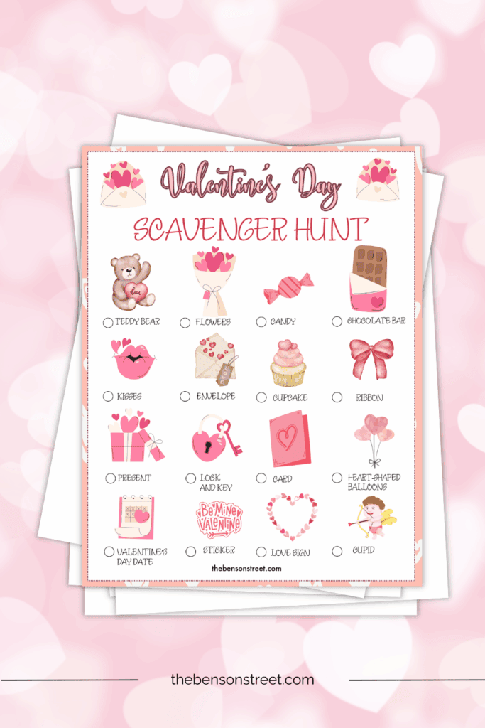 Simple valentine scavenger hunt printable sheet with pictures for little kids