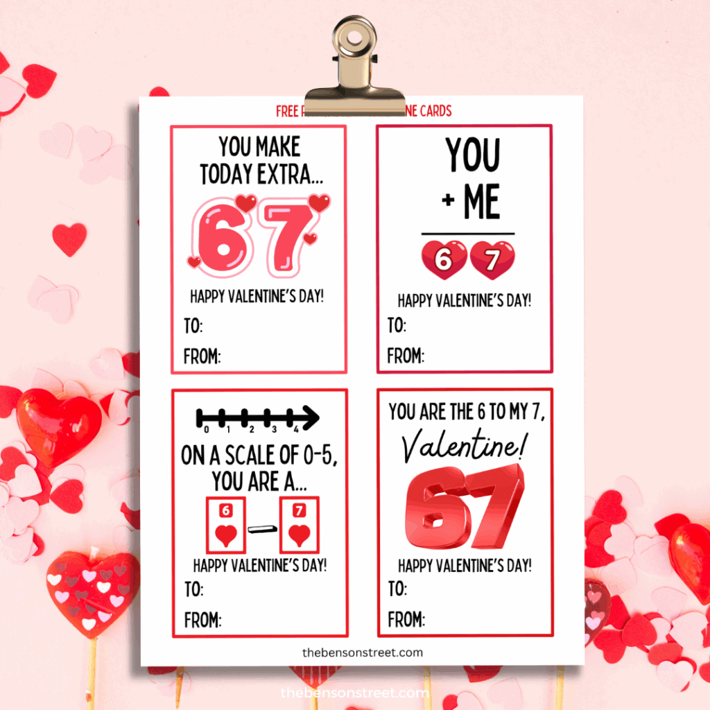 Six Seven Valentine Cards Free Printable on a Clipboard