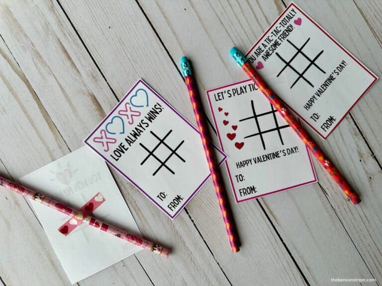 Taping a pencil to the back of a tic tac toe printable valentine card