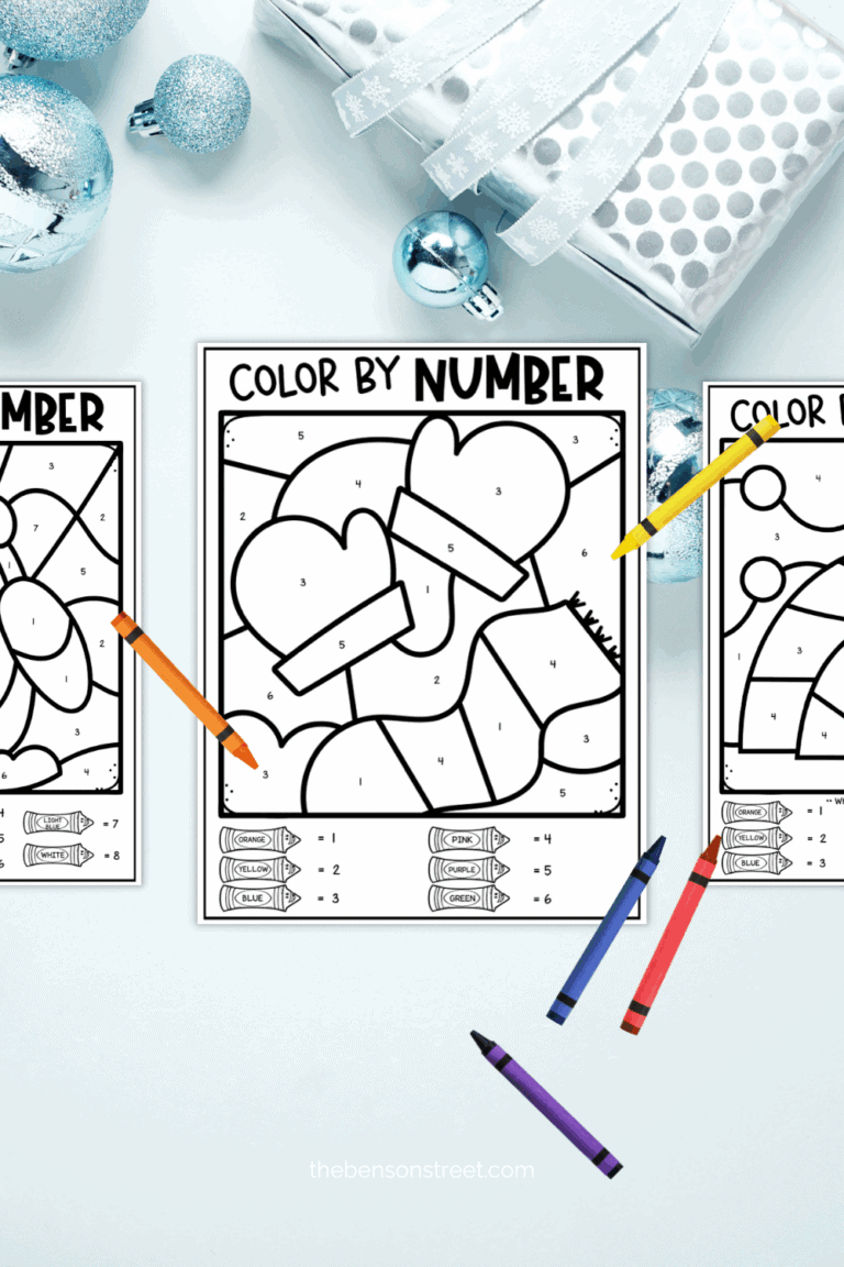 Three free color by number pages with crayons around on a blue background