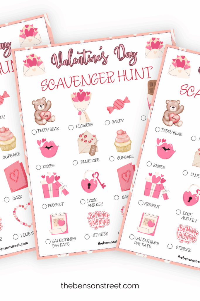 Three pages of Valentine's Day Scavenger Hunt for kids in a fanned out stack