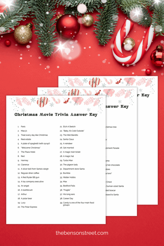 Three pages of answers to 100 different trivia questions about classic Christmas movies 