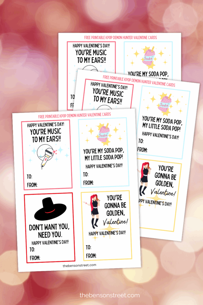 Three pages of free printable Valentine Cards with Kpop Demon Hunters