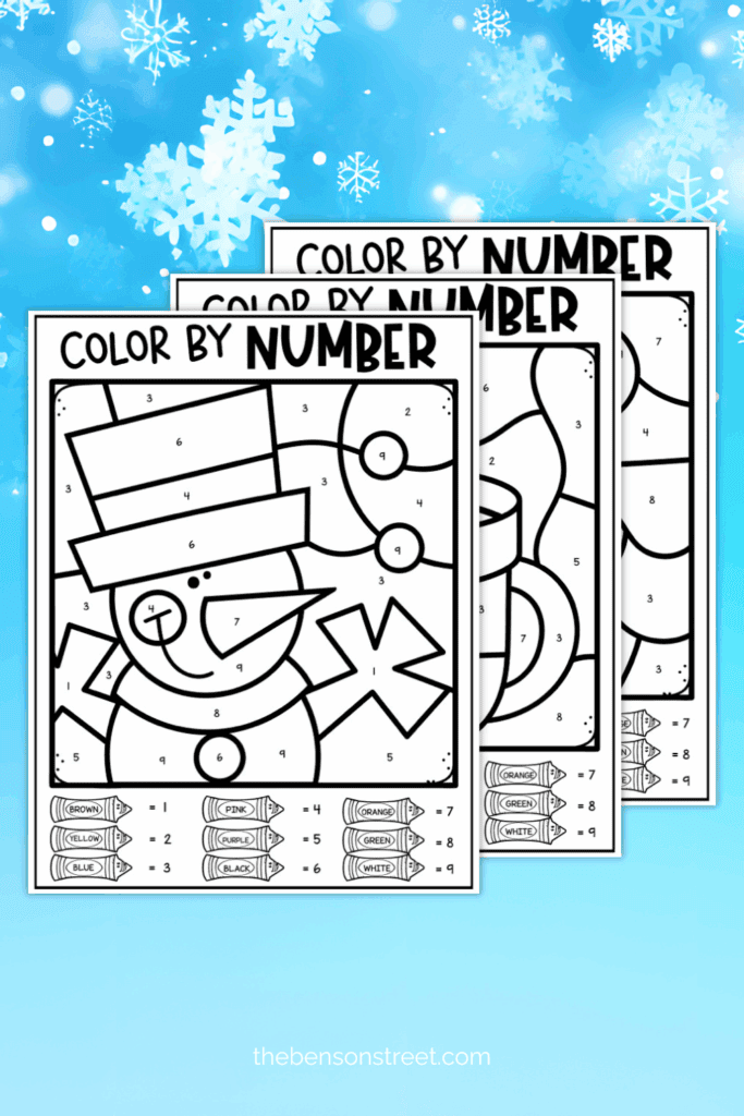 Three pages of winter coloring sheets with color keys