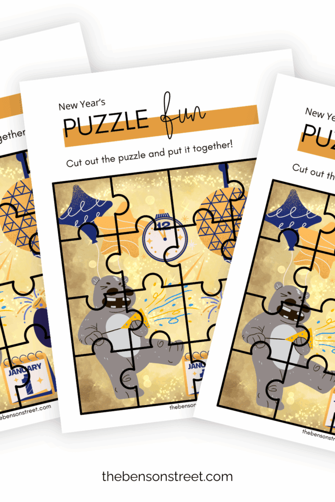 Three printed sheets with a new year's eve puzzle on them in a fanned out stack