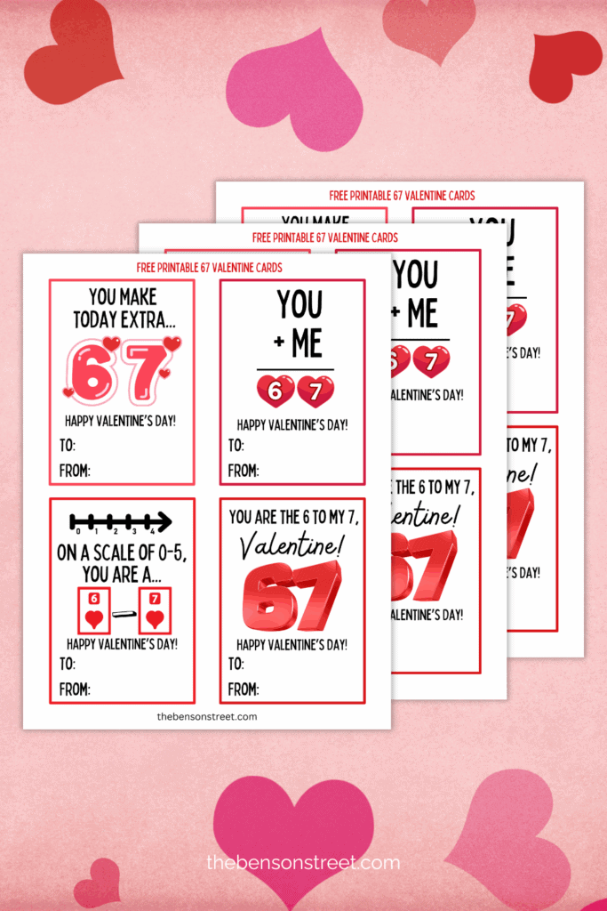 Three sheets in a staggered stack of 67 valentine printable cards