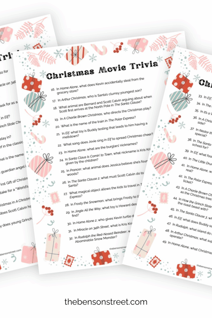 Three sheets of Christmas Movie Trivia fanned out in a stack