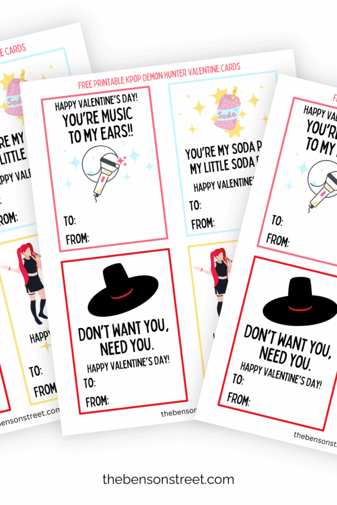 Three sheets of Kpop Demon Hunters Valentine Cards to print at home