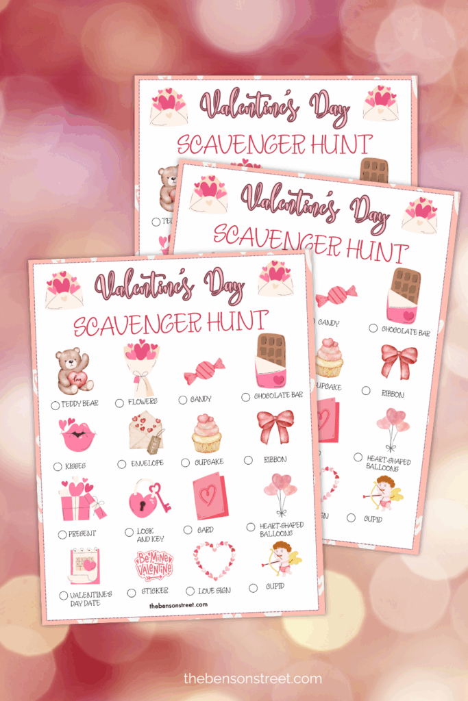 Three sheets of Valentine's Day scavenger hunts for kids to complete on February 14th