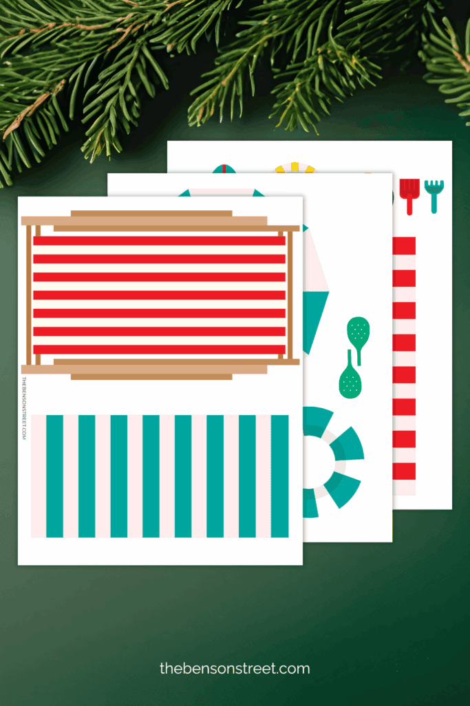 Three sheets of beach items that are elf on the shelf sized for scenes