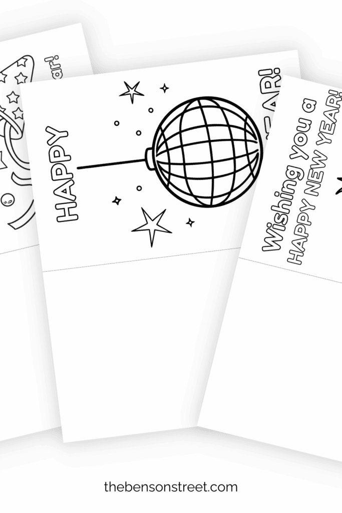 Three sheets of happy new year cards to print out and color