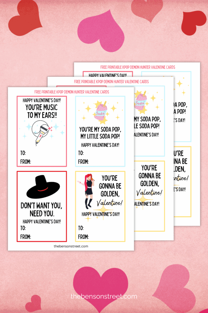 Three sheets of trendy valentine cards for kids to print at home on a pink background