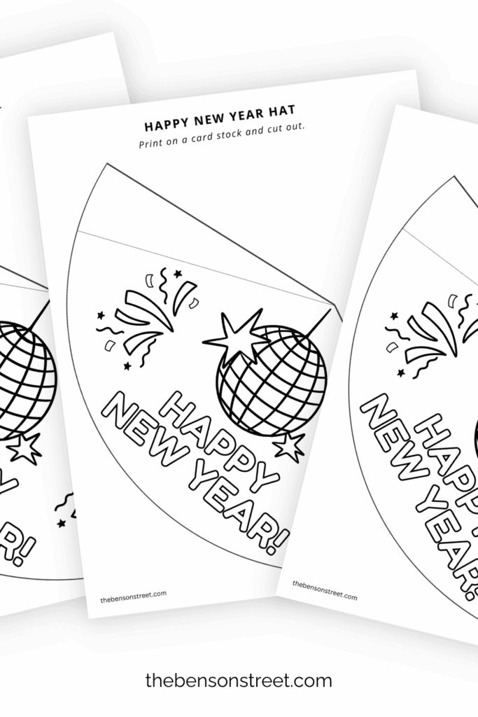 Three sheets with new years hats printed out to color and assemble