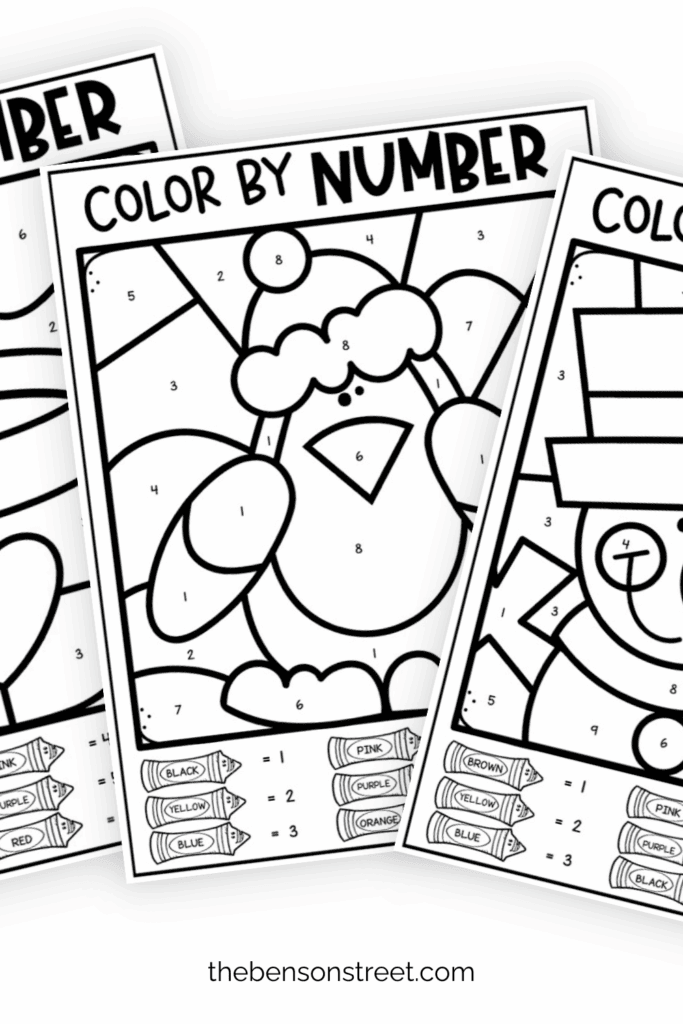 Three winter coloring pages fanned out in a stack