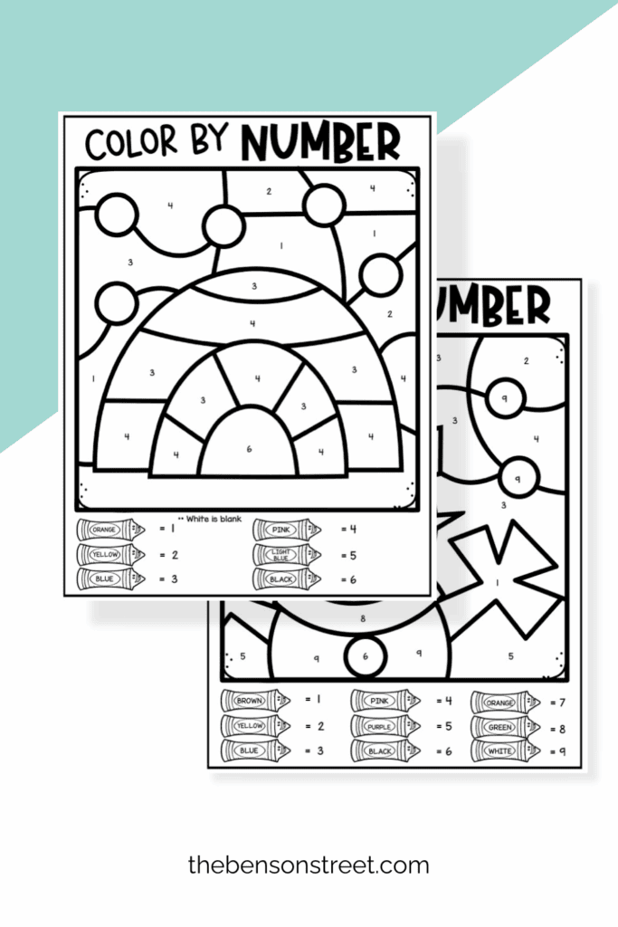 Two color by number sheets with a winter theme