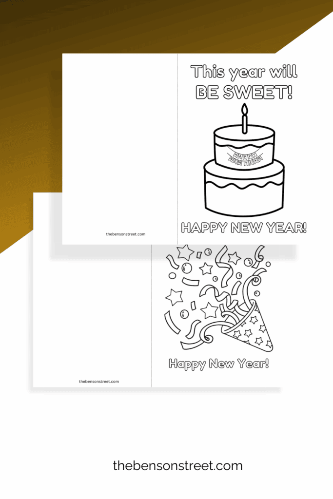 Two coloring cards to ring in the new year with a free printable