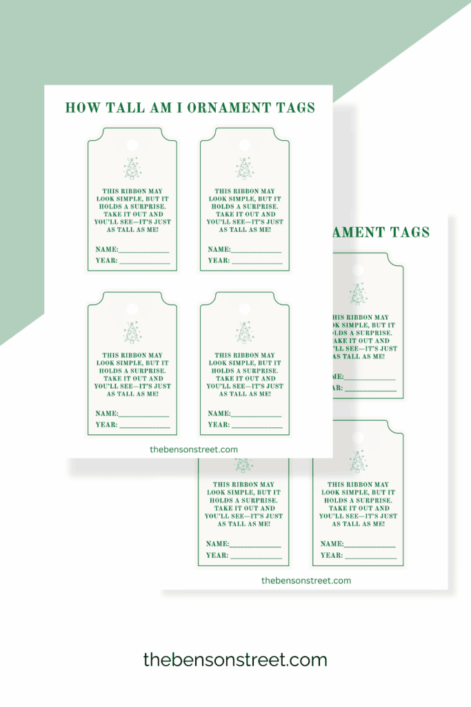 Two pages of printable ornament tags for how tall kids are with a poem on them