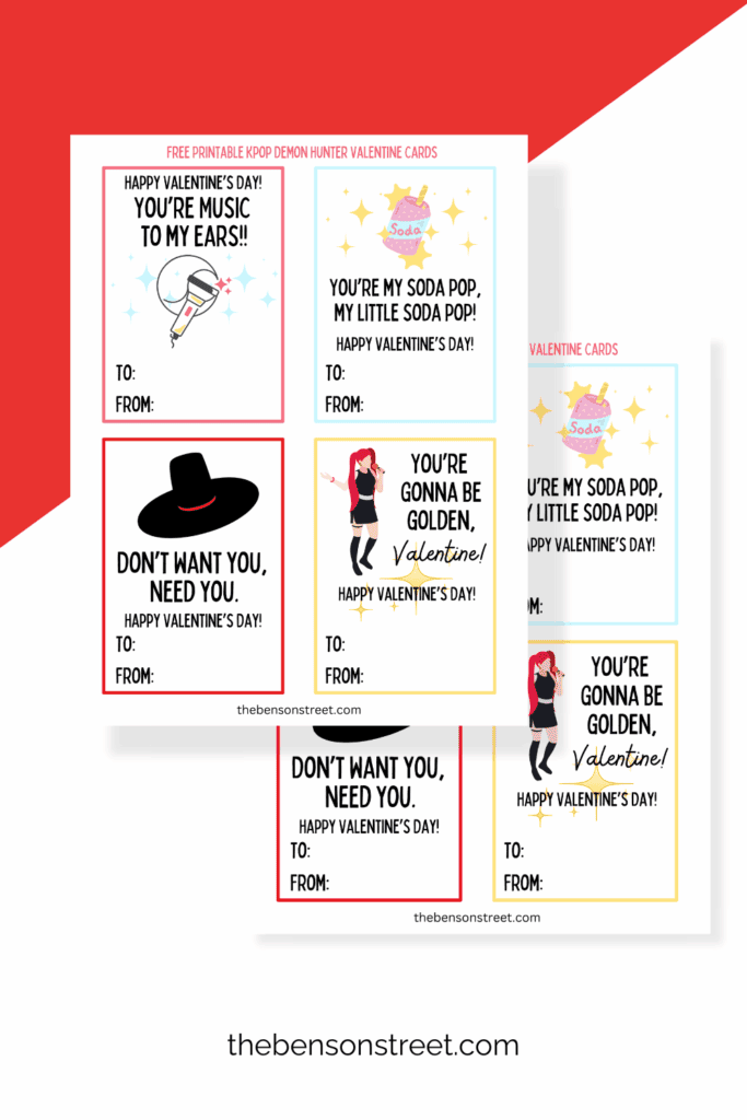 Two pages with four different Valentine Cards for kids to print at home