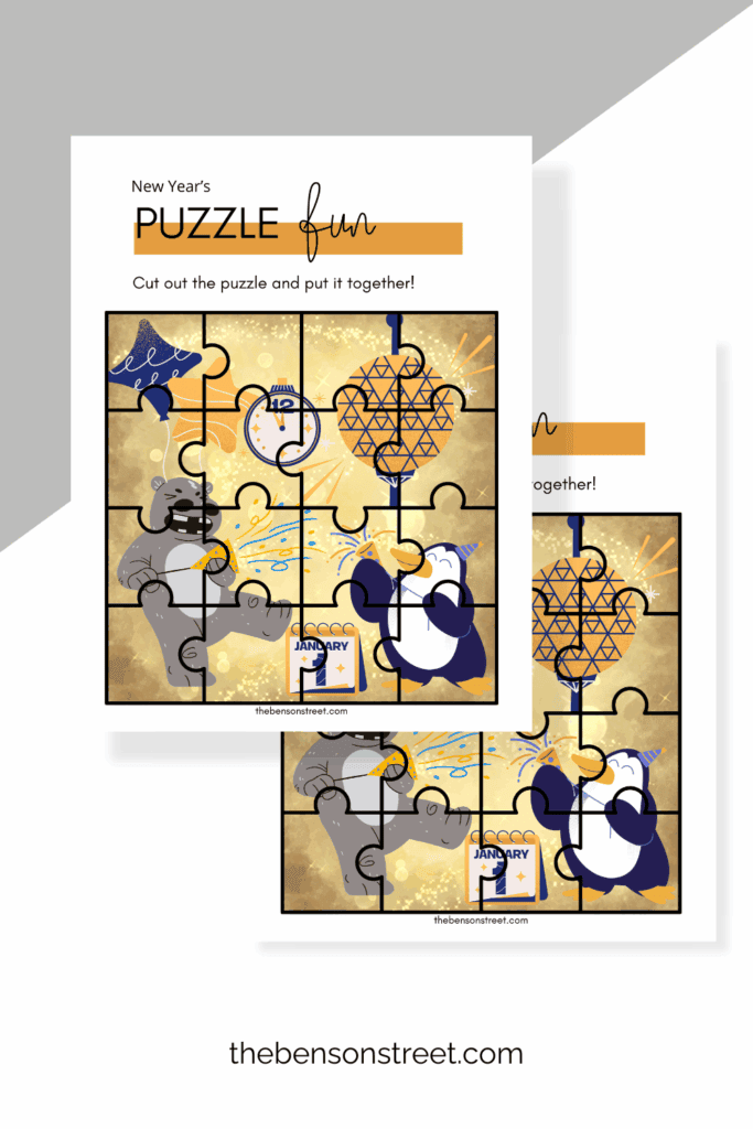 Two sheets of a puzzle with animals ringing in the new year