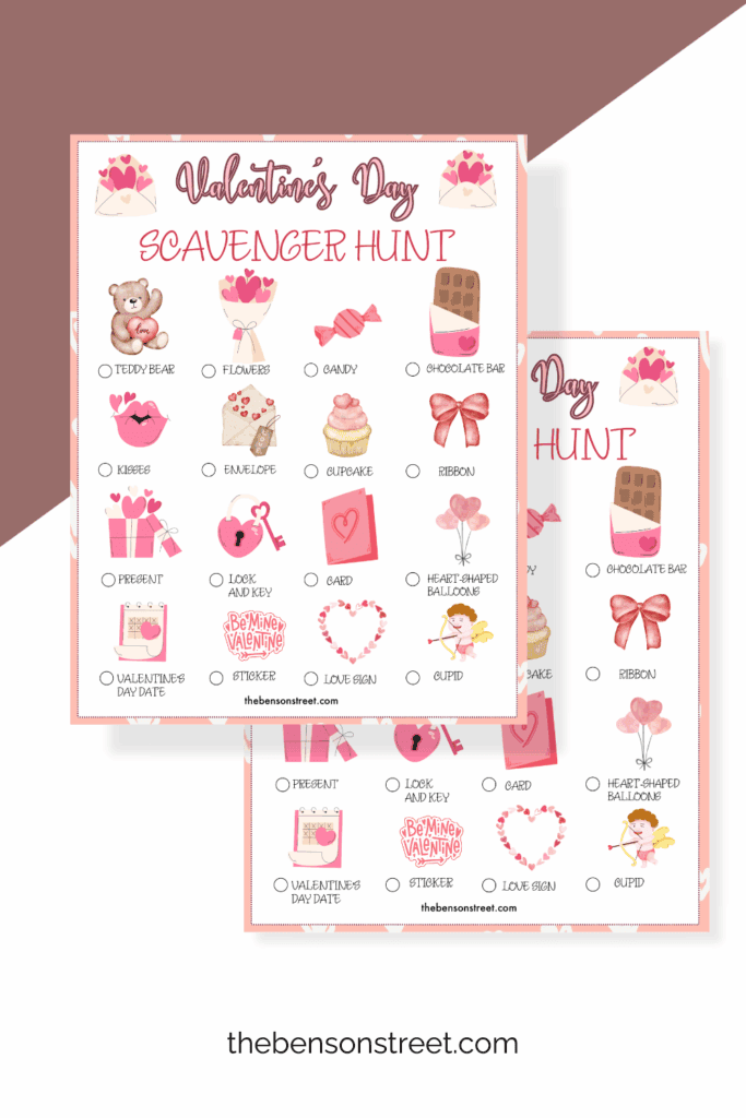Two sheets of a valentine themed scavenger hunt