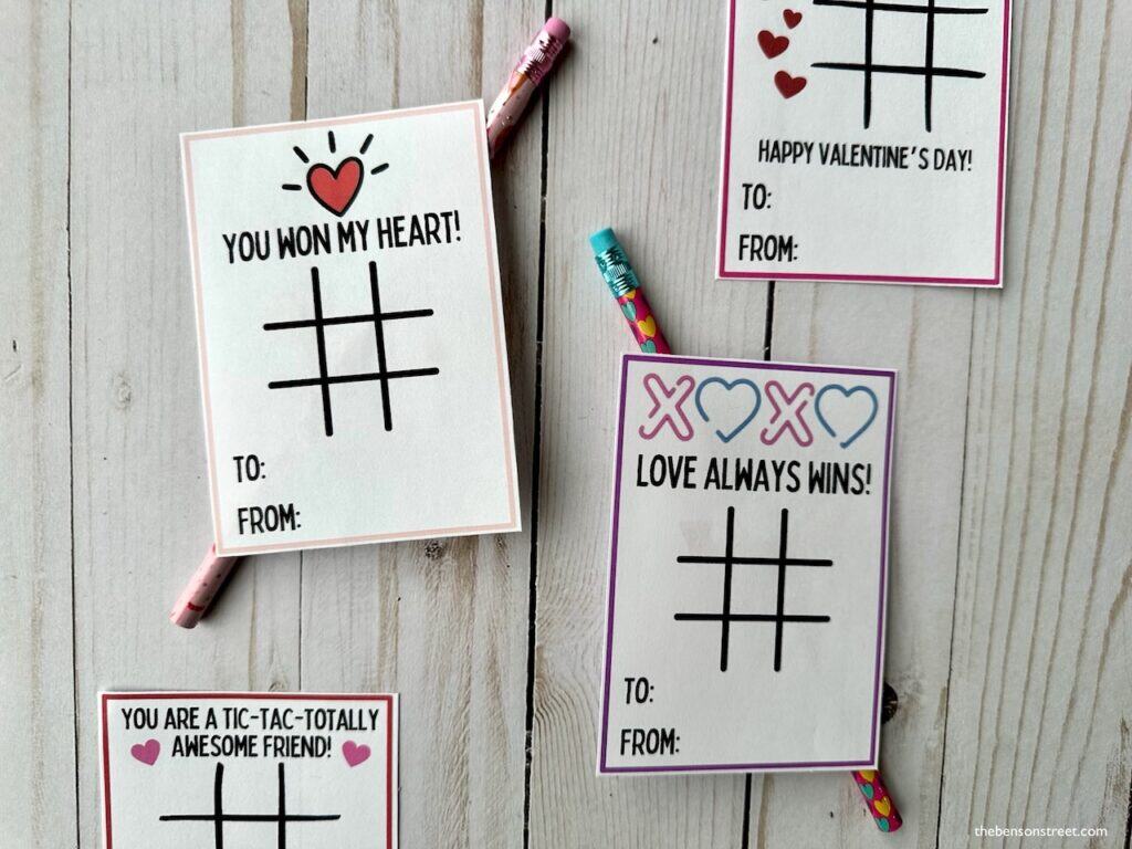 Up close shot of printed out valentine tic tac toe free printable cards