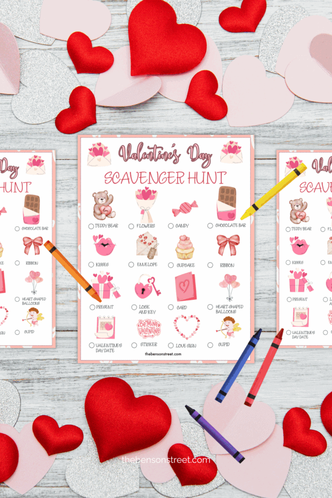Valentine Scavenger Hunt with crayons around it