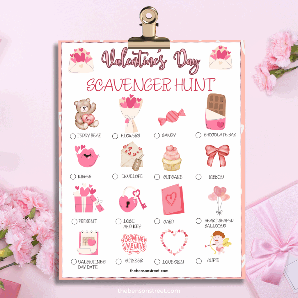 Valentine's Day Scavenger Hunt Sheet on a clipboard