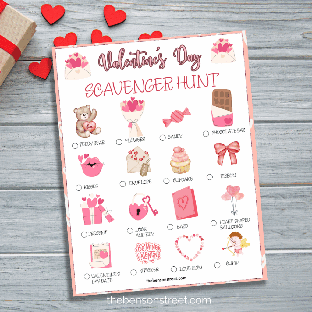 Valentine's Day scavenger hunt with pictures on a wood background