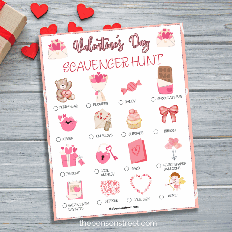Valentine's Day scavenger hunt with pictures on a wood background