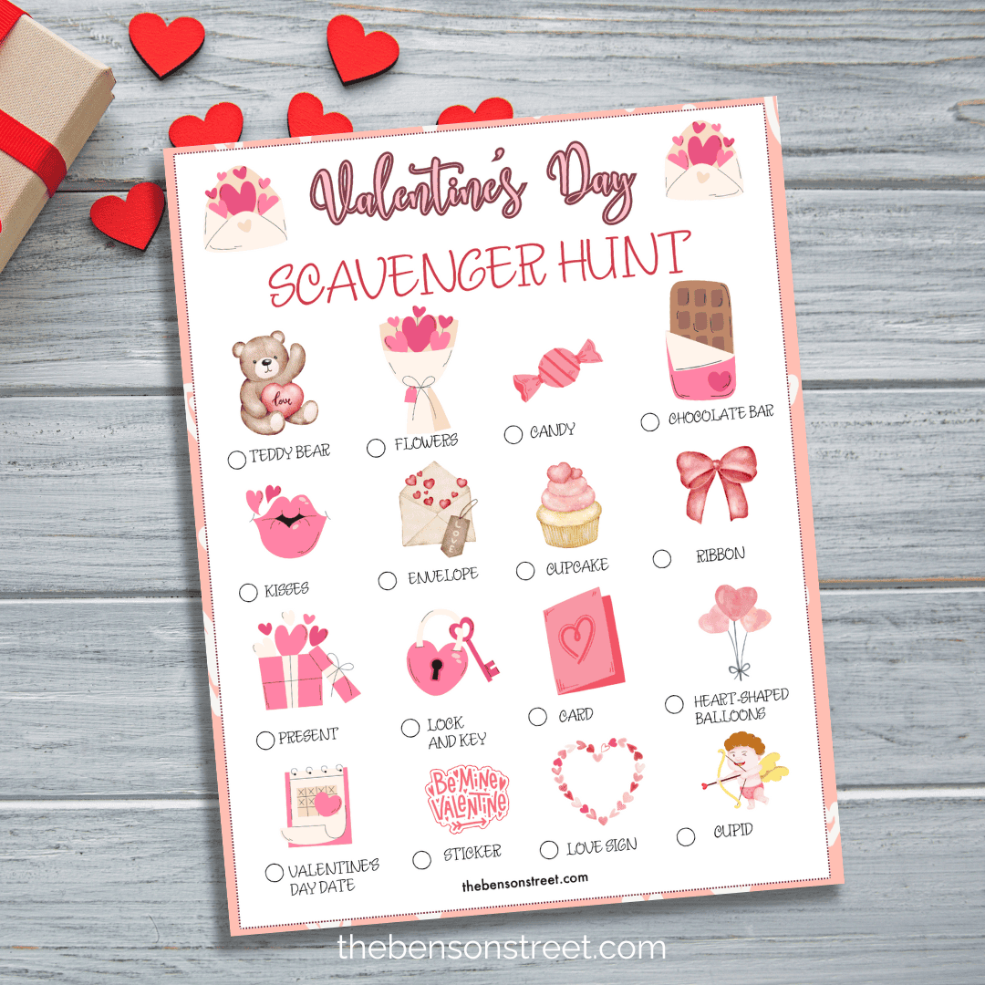 Valentine's Day scavenger hunt with pictures on a wood background