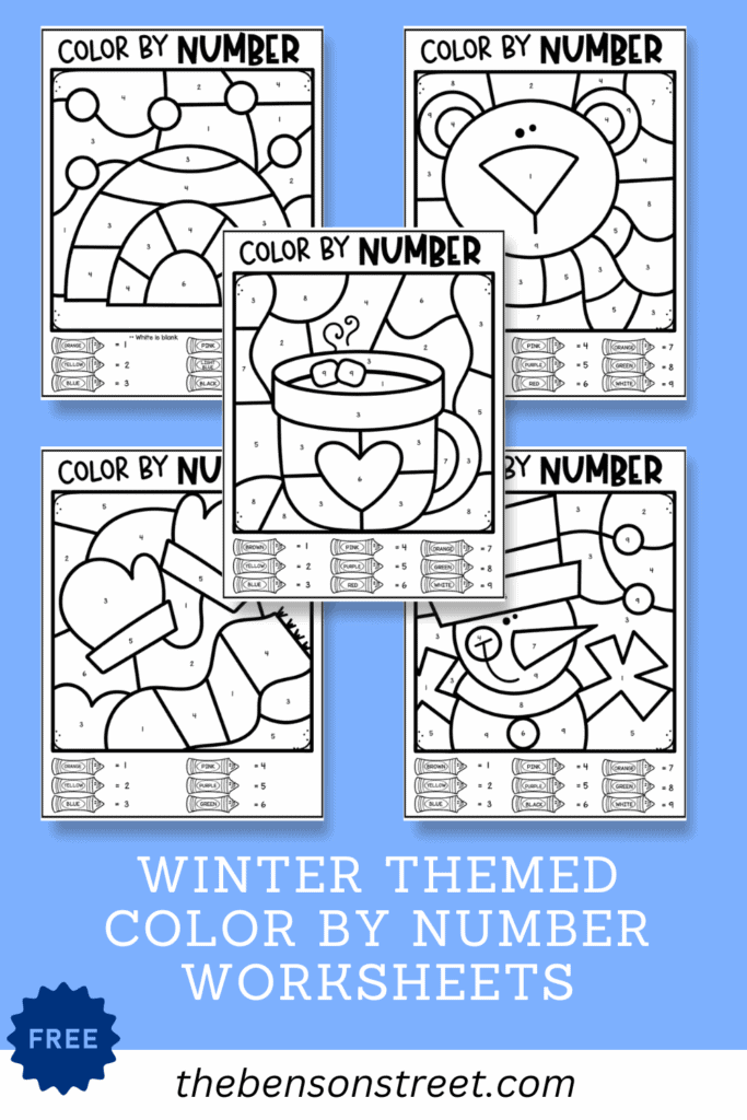 Winter Themed color by number worksheets free printable