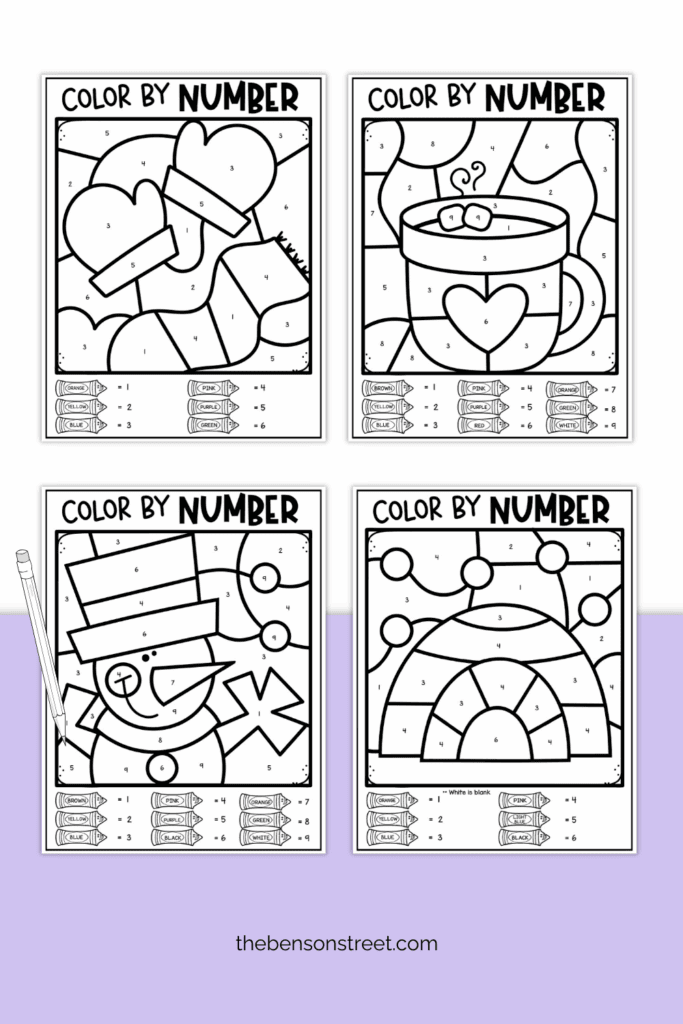 Winter coloring sheets for kids to color in by number