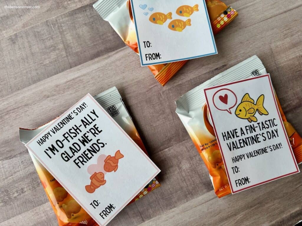 three bags of goldfish crackers with Valentine cards attached