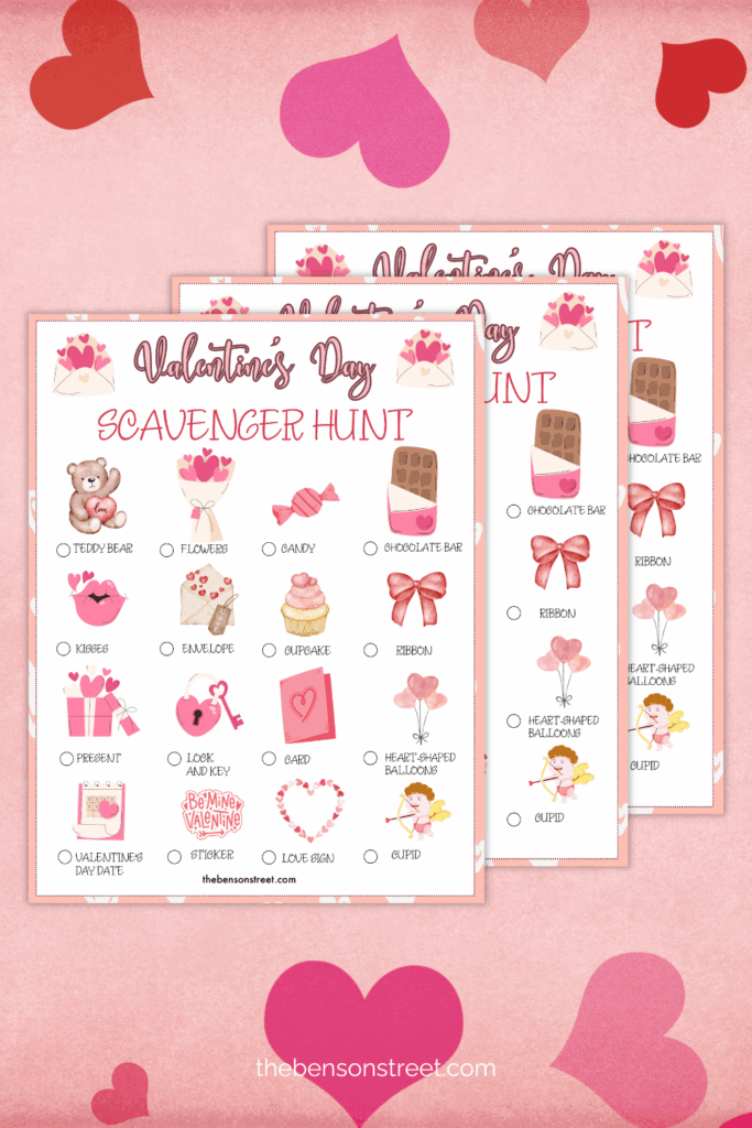 three pages of a printed out valentine scavenger hunt for little kids 