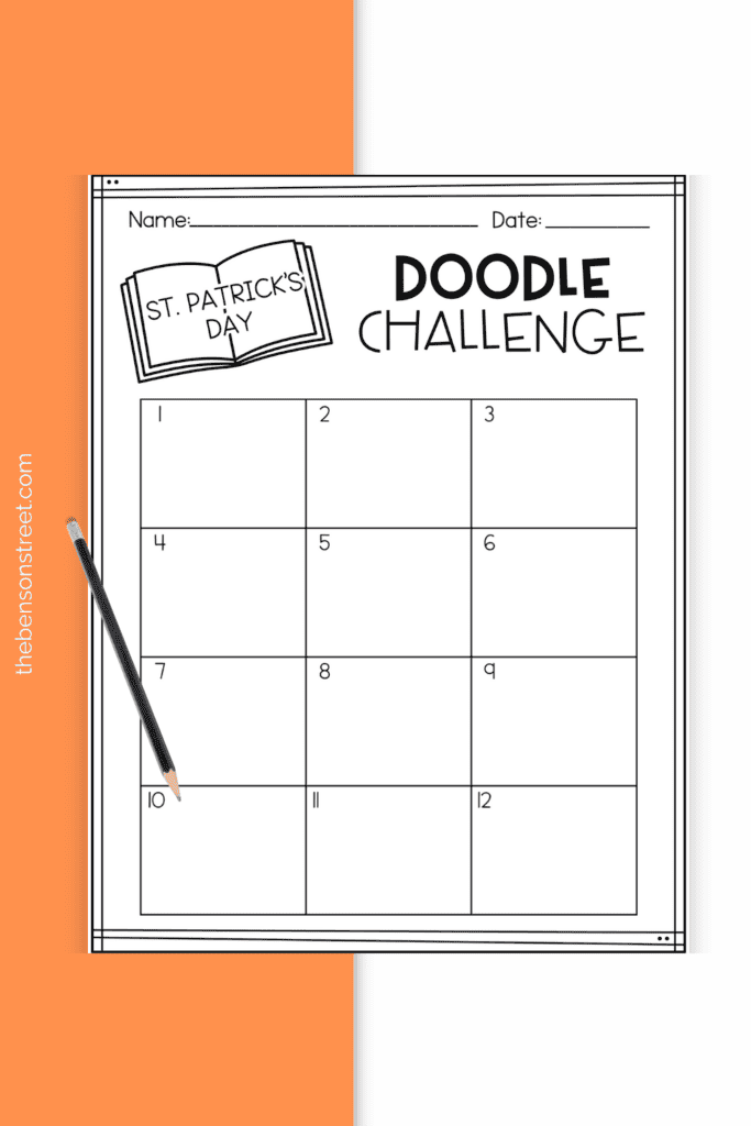 A blank sheet with boxes for completing a St. Patrick's Doodle challenge free printable