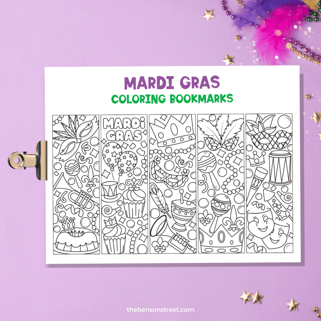 A clip with a page of Mardi Gras themed coloring bookmarks