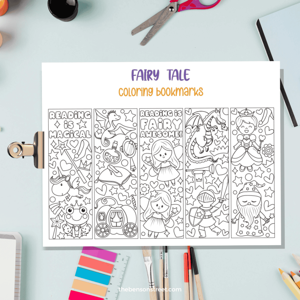 A clip with a page of fairy tale coloring bookmarks