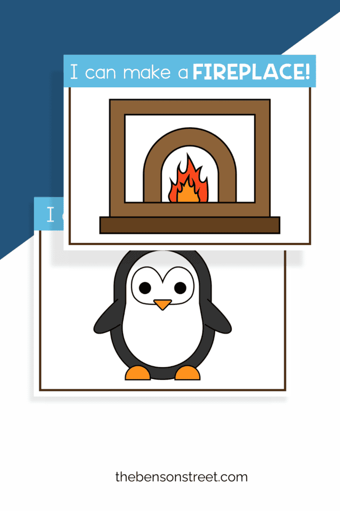 A fireplace and penguin winter playdough mats for kids