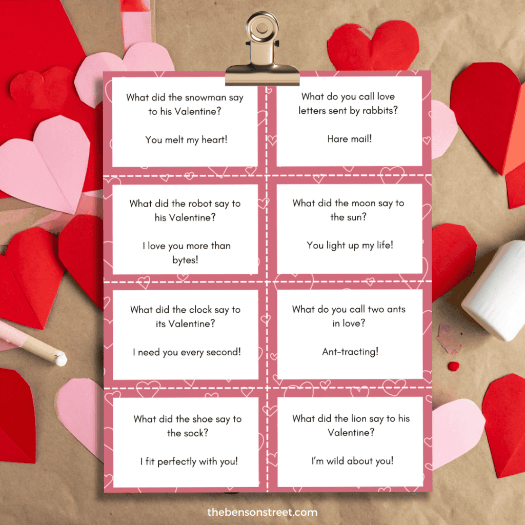 A sheet of Valentine Joke Cards free printable with a clipboard