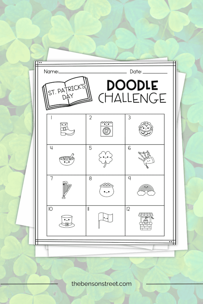 A stack of papers with a st. patrick's day doodle challenge with twelve doodles to draw