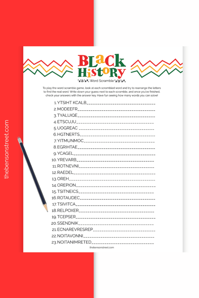 A word scramble game printable for February with a pencil on top