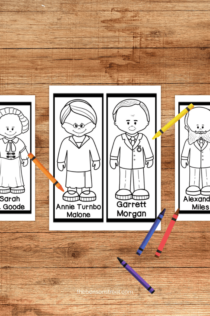 African American Inventor Coloring bookmarks for kids on a table with crayons around